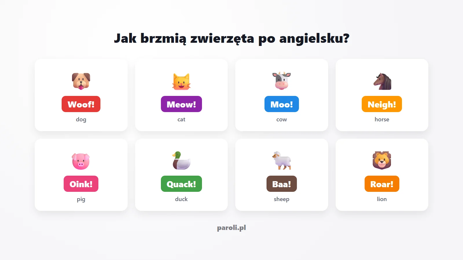 odgłosy zwierząt po angielsku